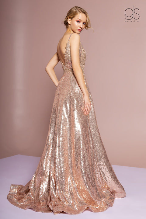 Long Illusion V-Neck Sequin Dress by Elizabeth K GL2652