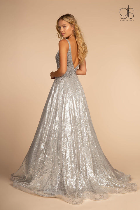 Long Illusion V-Neck Sequin Dress by Elizabeth K GL2652