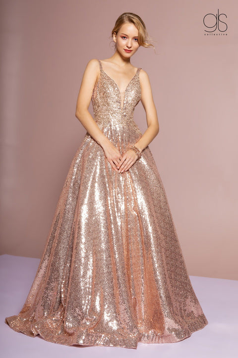 Long Illusion V-Neck Sequin Dress by Elizabeth K GL2652