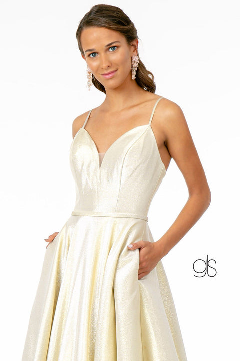 Elizabeth K GL2951: Long Iridescent Glitter Dress with Corset Back