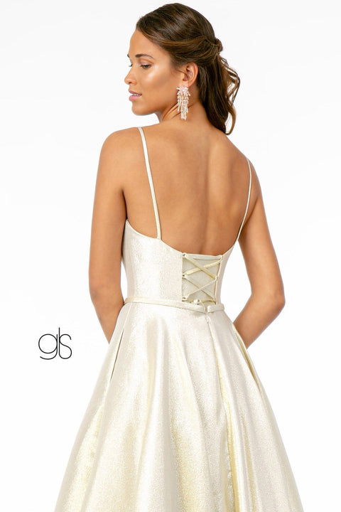 Elizabeth K GL2951: Long Iridescent Glitter Dress with Corset Back