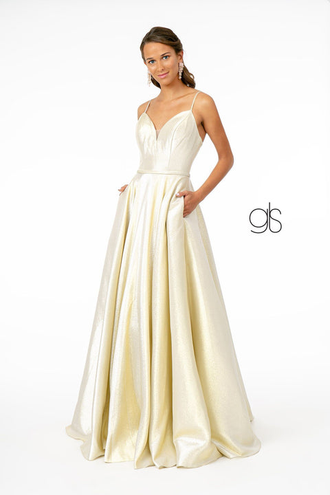 Elizabeth K GL2951: Long Iridescent Glitter Dress with Corset Back