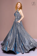 Long Iridescent Glitter Halter Dress with Pockets by Elizabeth K GL2707