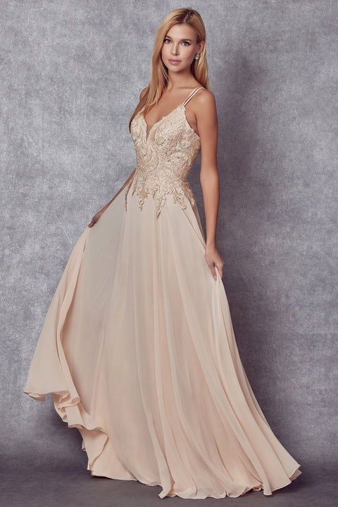 Juliet 240: Long Chiffon Dress with Lace Applique