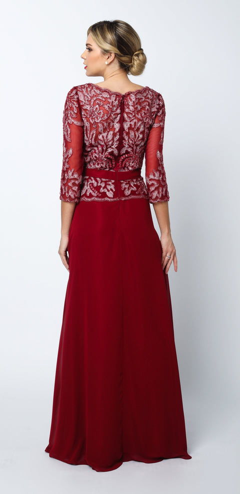 Juliet 634: Long Chiffon Dress with Lace Applique and 3/4 Sleeves