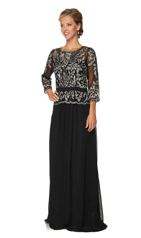 Juliet 634: Long Chiffon Dress with Lace Applique and 3/4 Sleeves