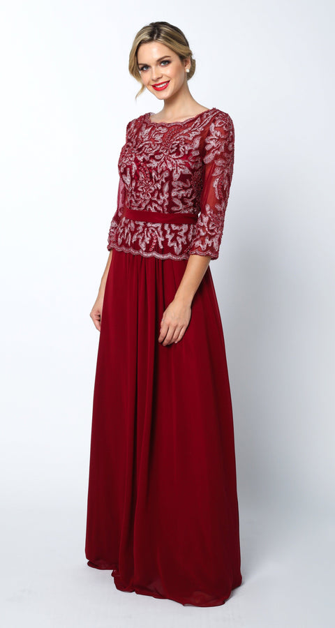 Juliet 634: Long Chiffon Dress with Lace Applique and 3/4 Sleeves