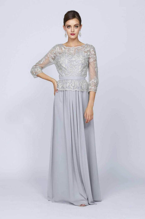 Juliet 634: Long Chiffon Dress with Lace Applique and 3/4 Sleeves