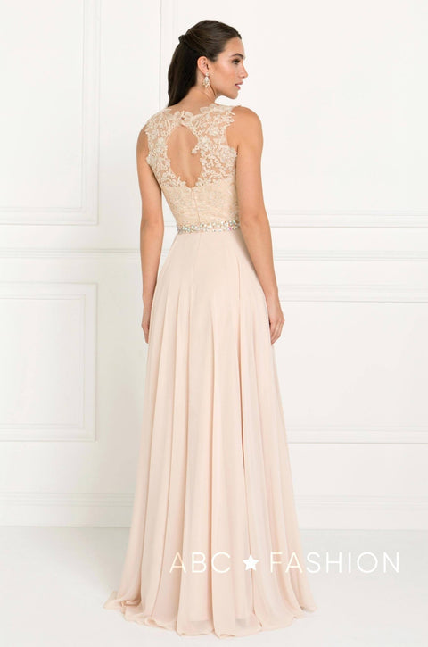 Elizabeth K GL2417: Long Chiffon Dress with Lace Applique