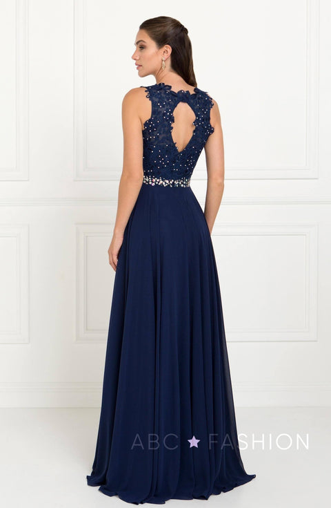 Elizabeth K GL2417: Long Chiffon Dress with Lace Applique