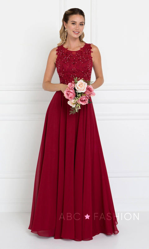 Elizabeth K GL2417: Long Chiffon Dress with Lace Applique