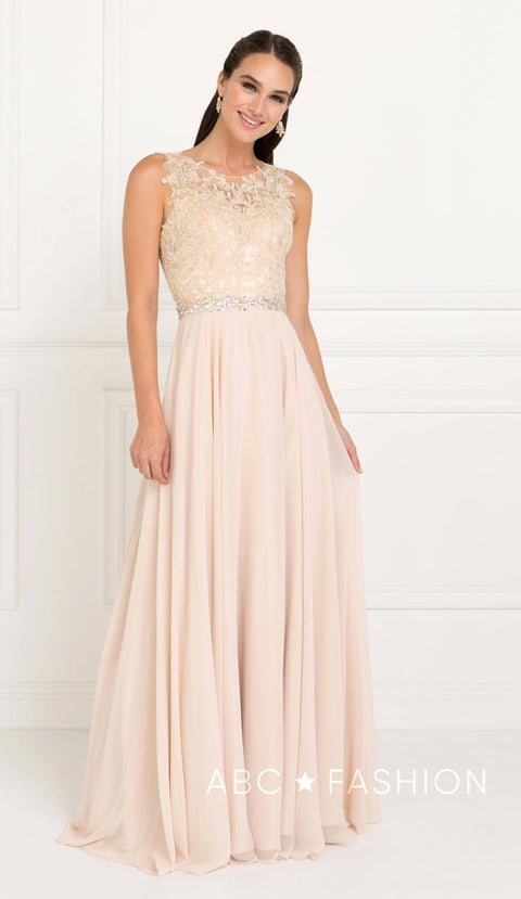 Elizabeth K GL2417: Long Chiffon Dress with Lace Applique