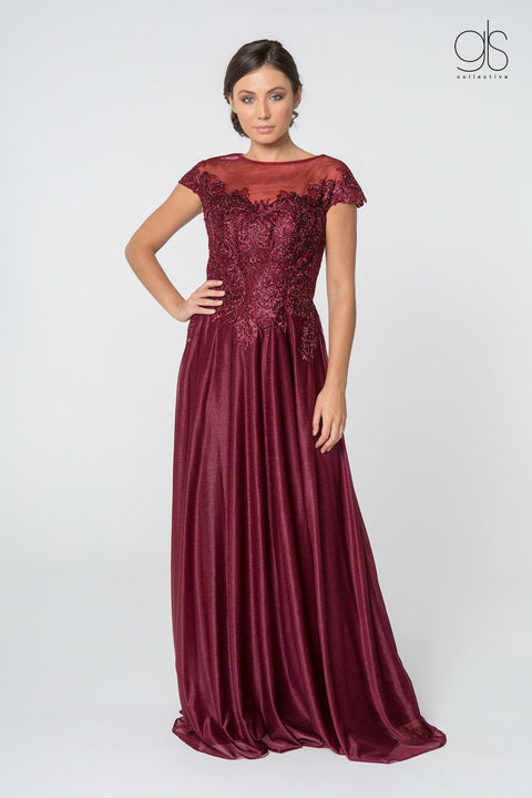 Burgundy Elizabeth K Gl2828: Long Dress with Lace Bodice and Cap Sleeves
