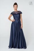 Elizabeth K GL2828: Long Dress with Lace Bodice and Cap Sleeves