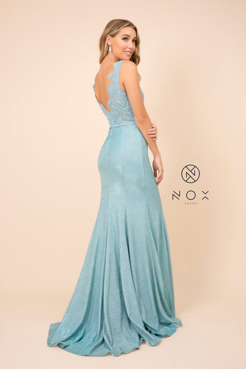 Long Lace Bodice Gown with Metallic Skirt by Nox Anabel E373