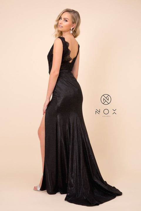 Long Lace Bodice Gown with Metallic Skirt by Nox Anabel E373