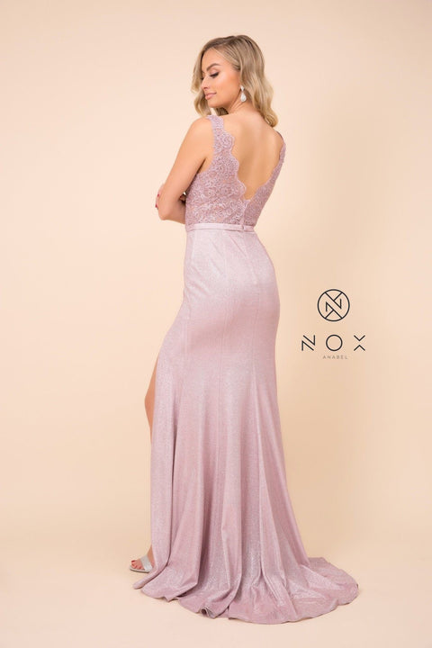 Long Lace Bodice Gown with Metallic Skirt by Nox Anabel E373
