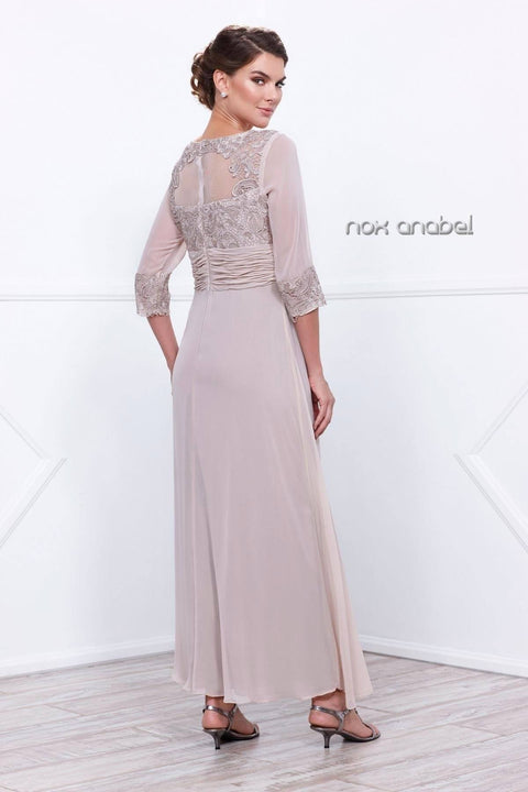 Long 3/4 Sleeves Lace Bodice Illusion Dress by Nox Anabel 5101