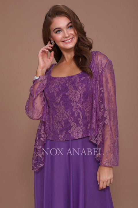 Long Lace Top Sheer Jacket Dress by Nox Anabel 5076