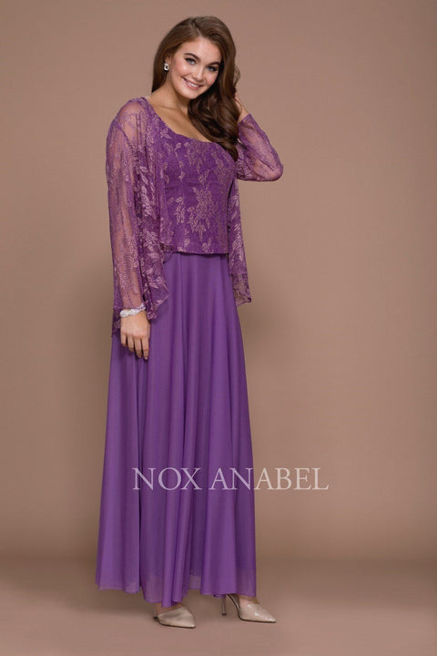 Long Lace Top Sheer Jacket Dress by Nox Anabel 5076