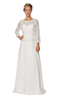 Juliet 630: Long Peplum Dress with Lace Top and Sheer Sleeves