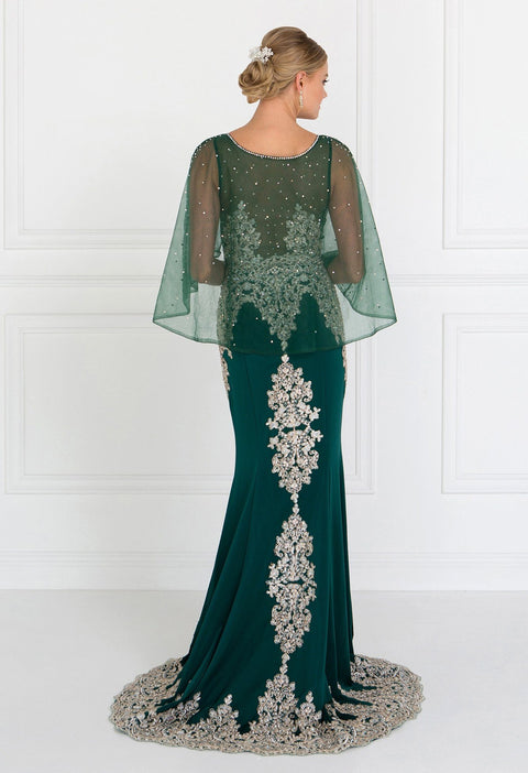 Elizabeth K GL1595: Long Mermaid Dress with Embroidered Cape