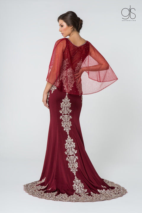 Elizabeth K GL1595: Long Mermaid Dress with Embroidered Cape
