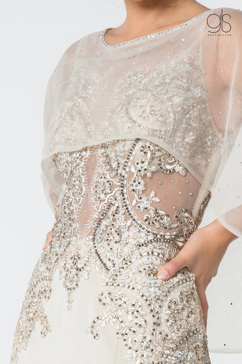 Elizabeth K GL1595: Long Mermaid Dress with Embroidered Cape