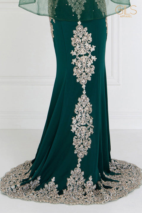 Elizabeth K GL1595: Long Mermaid Dress with Embroidered Cape
