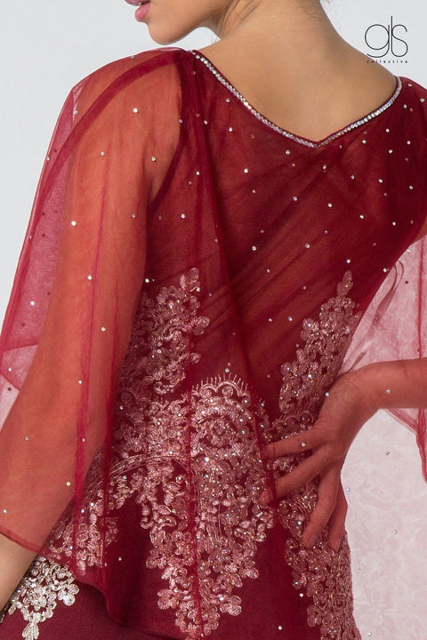 Elizabeth K GL1595: Long Mermaid Dress with Embroidered Cape