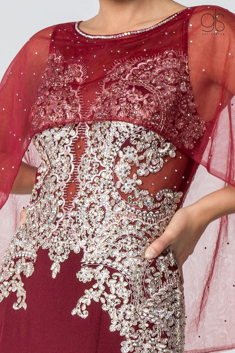 Elizabeth K GL1595: Long Mermaid Dress with Embroidered Cape