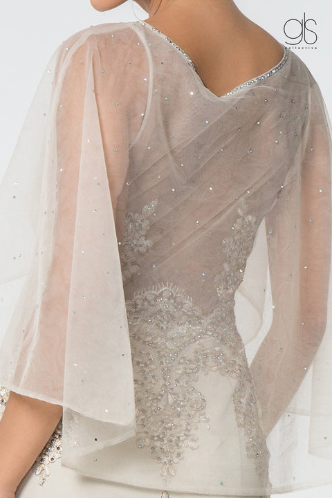 Elizabeth K GL1595: Long Mermaid Dress with Embroidered Cape