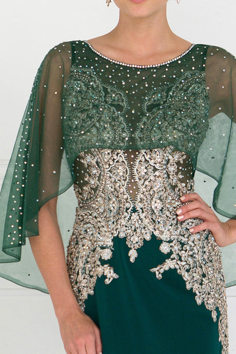 Elizabeth K GL1595: Long Mermaid Dress with Embroidered Cape