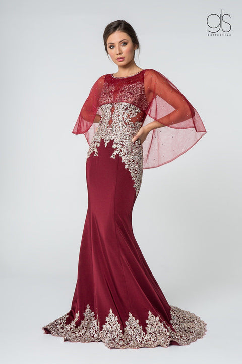 Elizabeth K GL1595: Long Mermaid Dress with Embroidered Cape