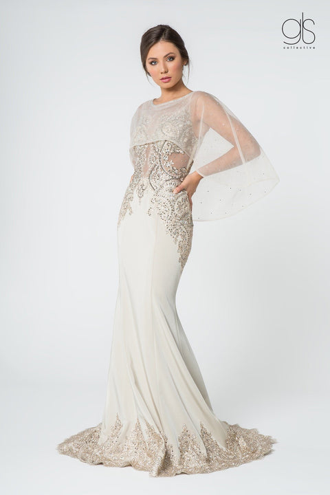 Elizabeth K GL1595: Long Mermaid Dress with Embroidered Cape