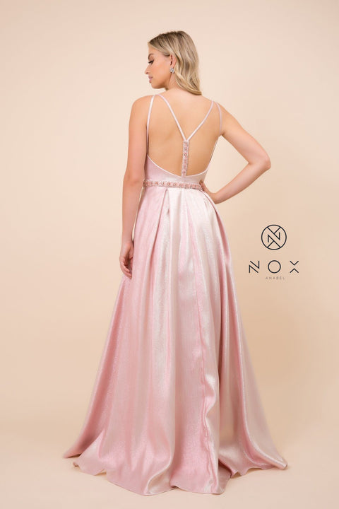 Metallic Long Dress with Illusion Neckline by Nox Anabel M271