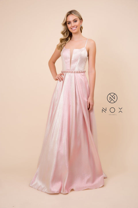 Metallic Long Dress with Illusion Neckline by Nox Anabel M271