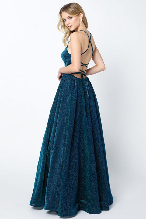 Metallic Long Lace-Up Back Glitter Dress by Juliet 204