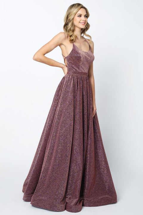 Metallic Long Lace-Up Back Glitter Dress by Juliet 204