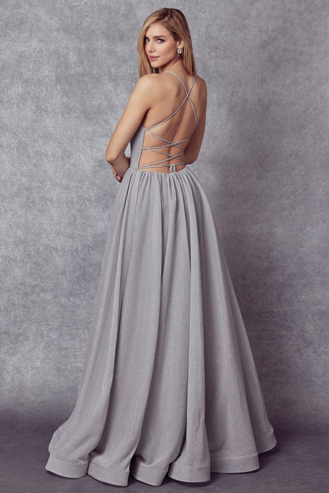 Metallic Long Lace-Up Back Glitter Dress by Juliet 204