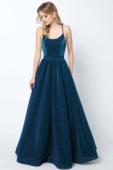 Metallic Long Lace-Up Back Glitter Dress by Juliet 204