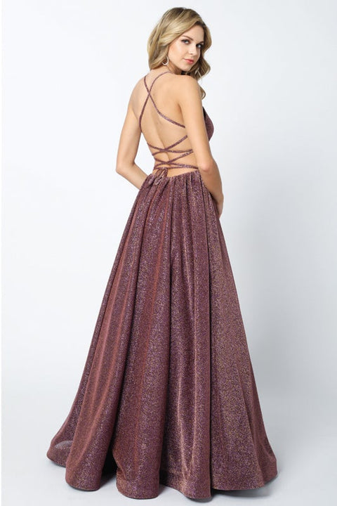 Metallic Long Lace-Up Back Glitter Dress by Juliet 204