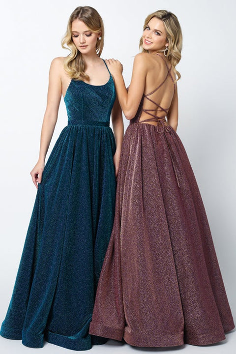 Metallic Long Lace-Up Back Glitter Dress by Juliet 204