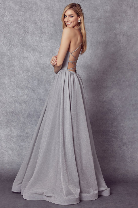 Metallic Long Lace-Up Back Glitter Dress by Juliet 204