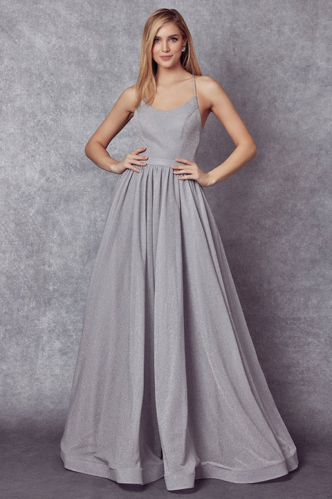Metallic Long Lace-Up Back Glitter Dress by Juliet 204