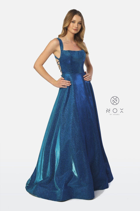 Metallic Long Glitter Dress with Strappy Back by Nox Anabel C240