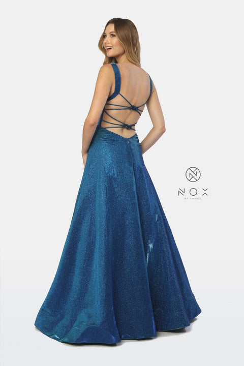 Metallic Long Glitter Dress with Strappy Back by Nox Anabel C240