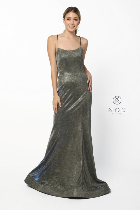 Long Mermaid Metallic Dress with Corset Back by Nox Anabel R273