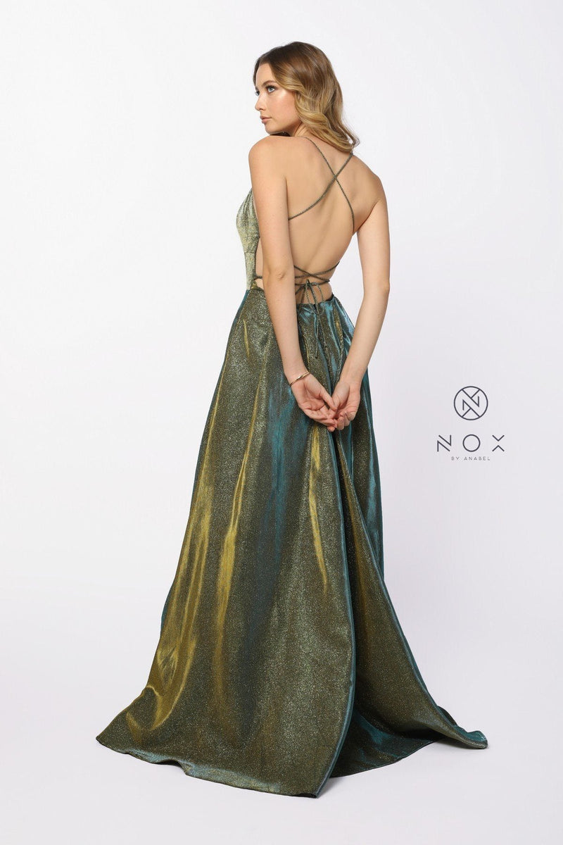 Metallic Long Dress with Corset Open Back by Nox Anabel C241