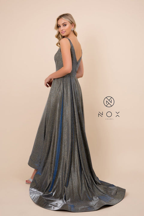 Metallic Long Satin V-Neck Ballgown-Style Dress by Nox Anabel R274